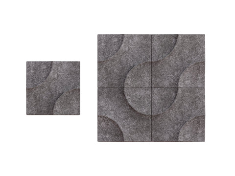 Sound-absorbing panels in various shades of gray, with a textured surface, displayed against a white background.